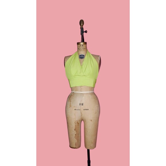 1980s-1990s PALOMA COLLECTION CHARTREUSE. Rayon Halter Crop Top. S-M - Picture 1 of 9